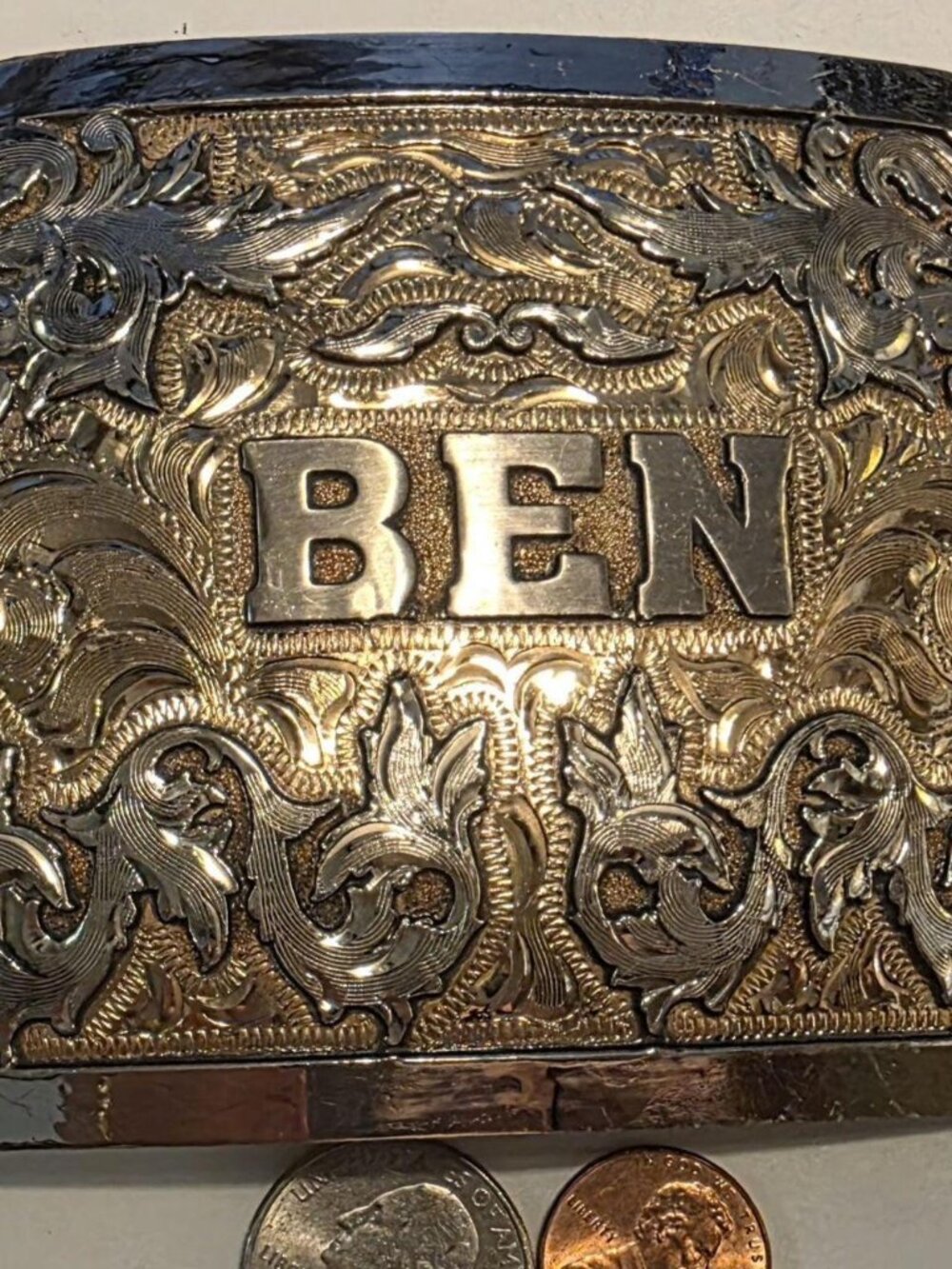Vintage BEN Belt Buckle Oversized Western Cowboy Ornate Engraved Silver Gold